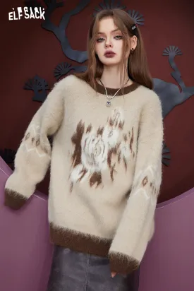 ELFSACK Free Necklace Mohair Sweaters Women 2023 Winter Warm Basic Daily Tops