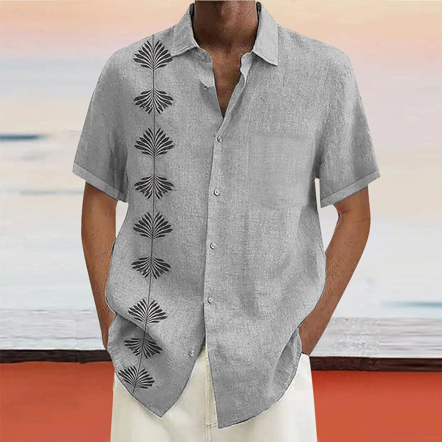 Fashion Hawaiian Short Sleeve Shirts Mens Button Down Beach Plain Floral T-Shirt Spread Collared Textured Travel Tops