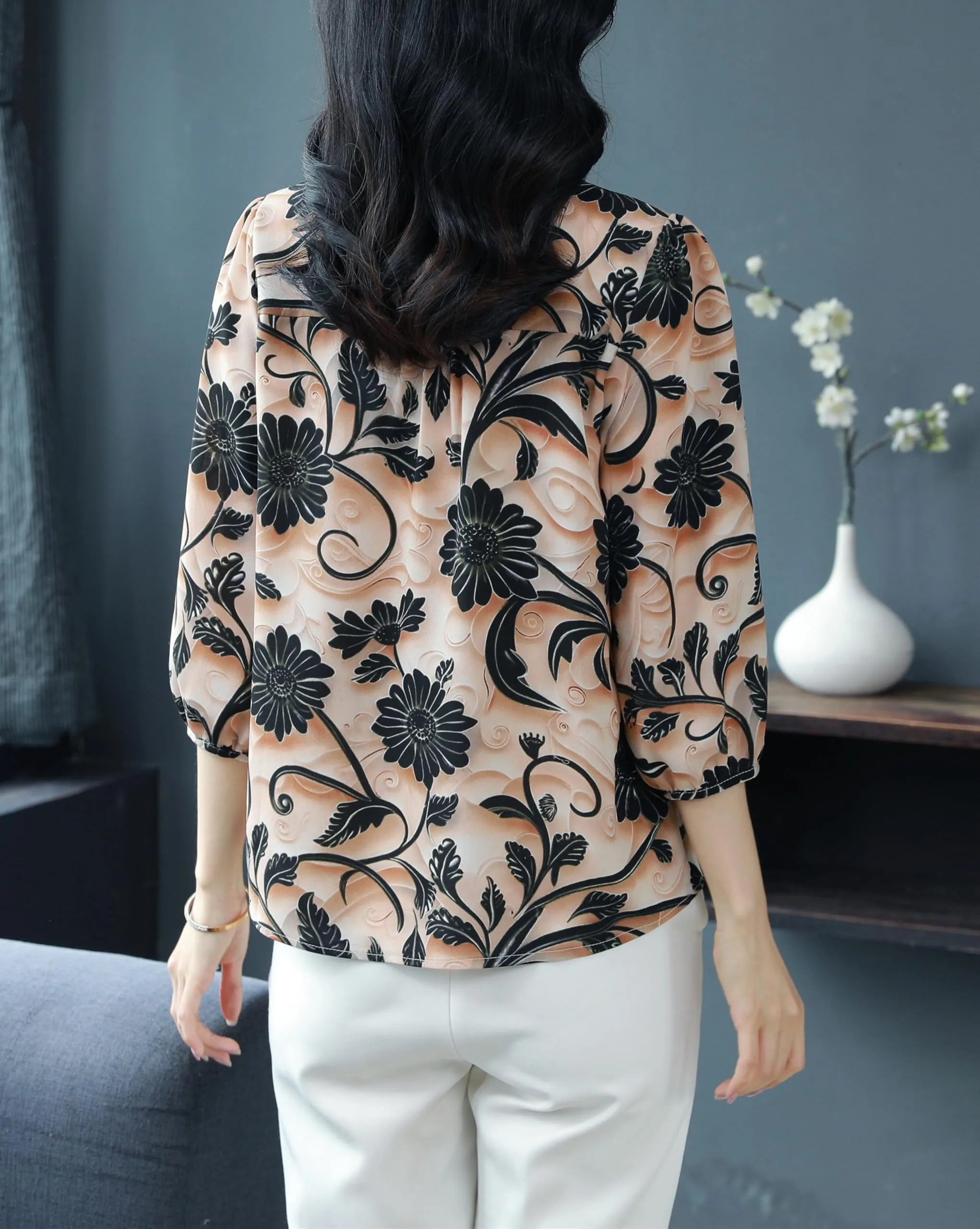 Floral Print Puff Sleeve Button Top