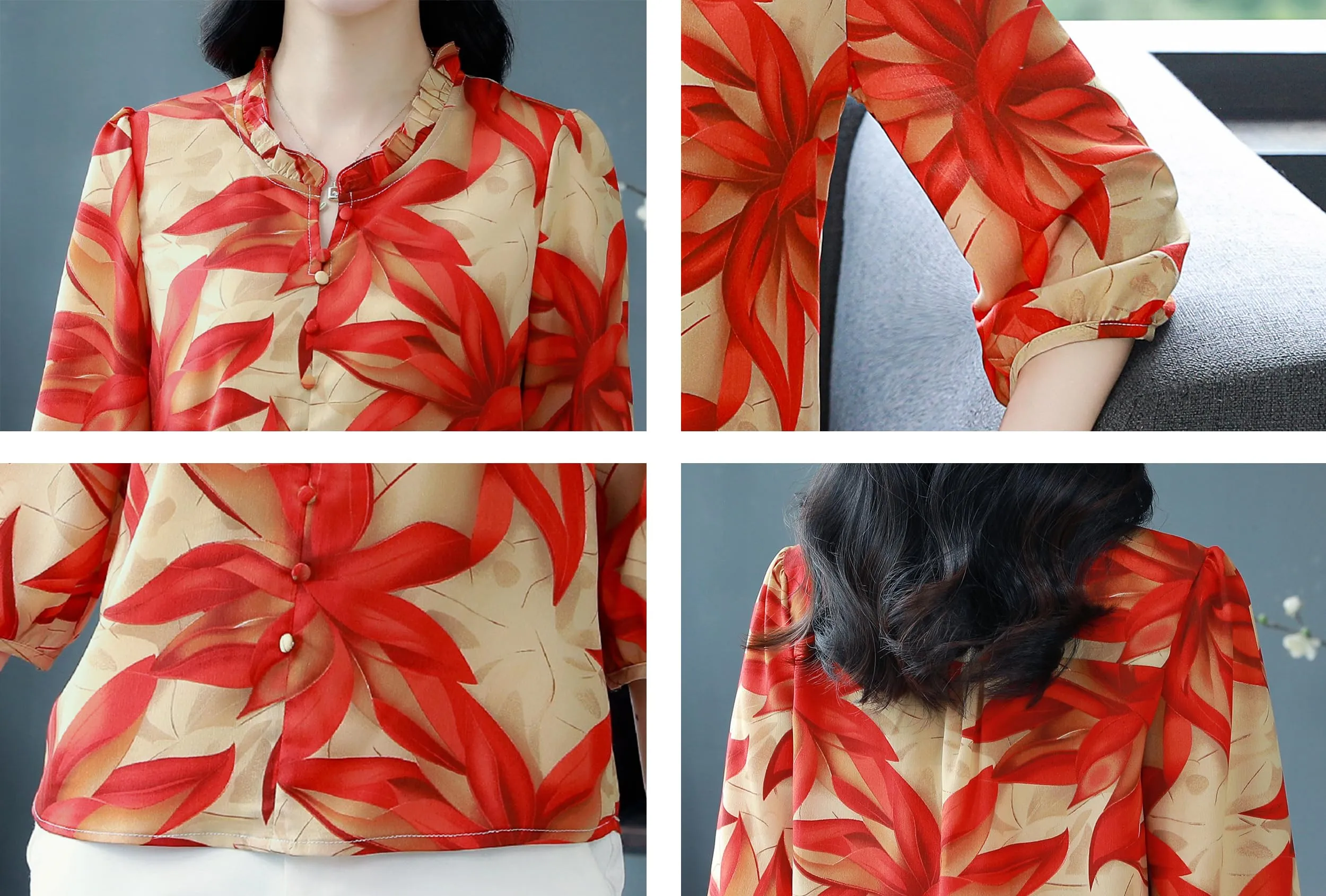 Floral Print Puff Sleeve Button Top