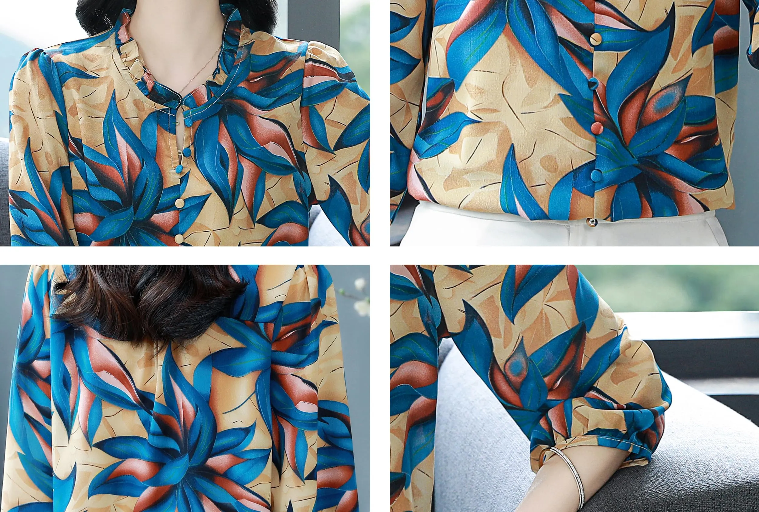 Floral Print Puff Sleeve Button Top