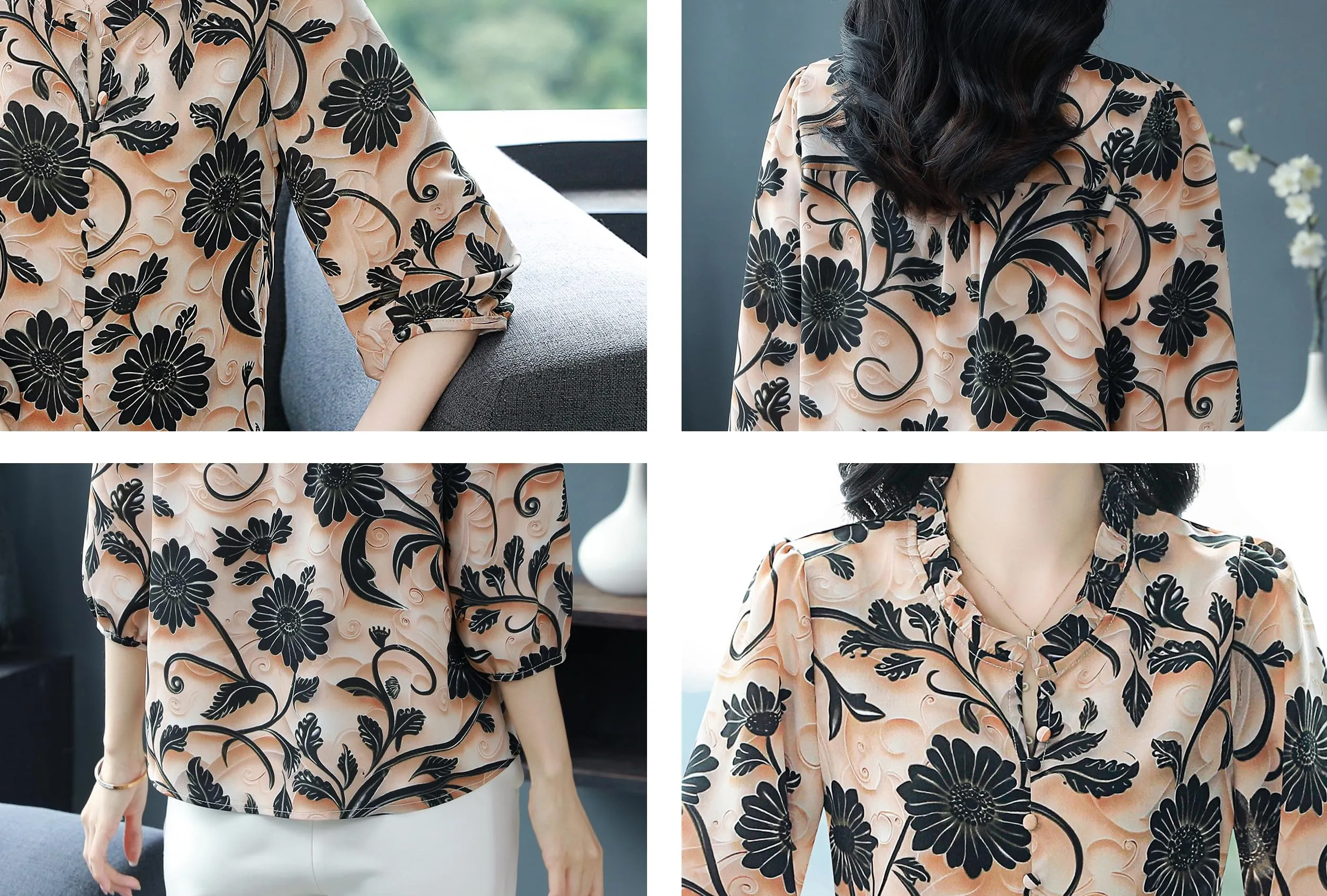 Floral Print Puff Sleeve Button Top
