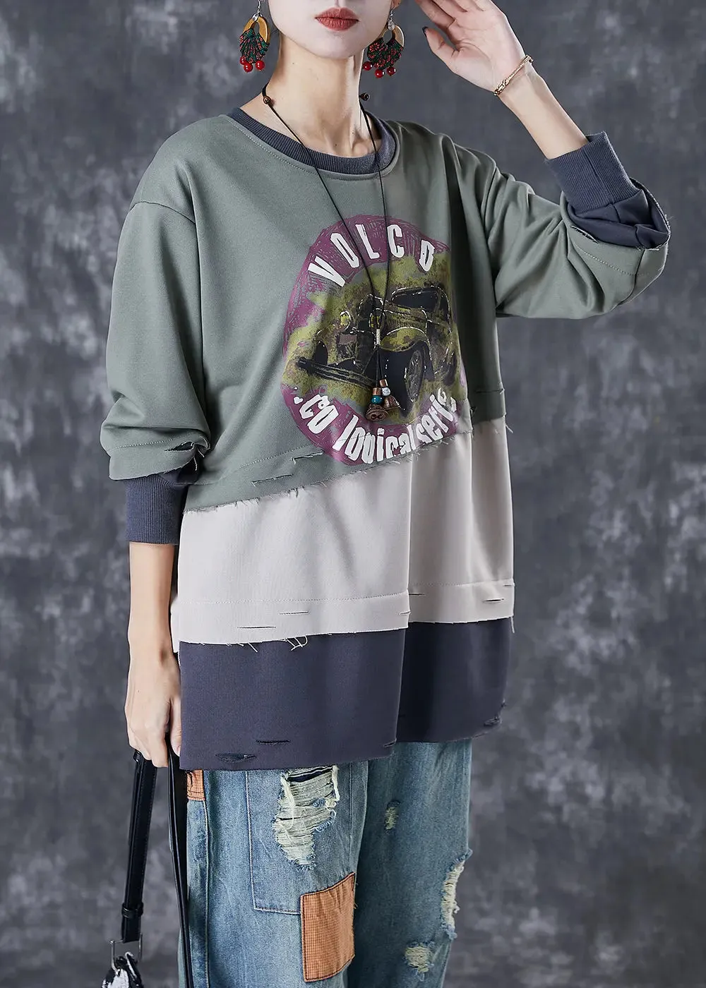 French Green Oversized Patchwork Warm Fleece Pullover Tops Winter ML3053