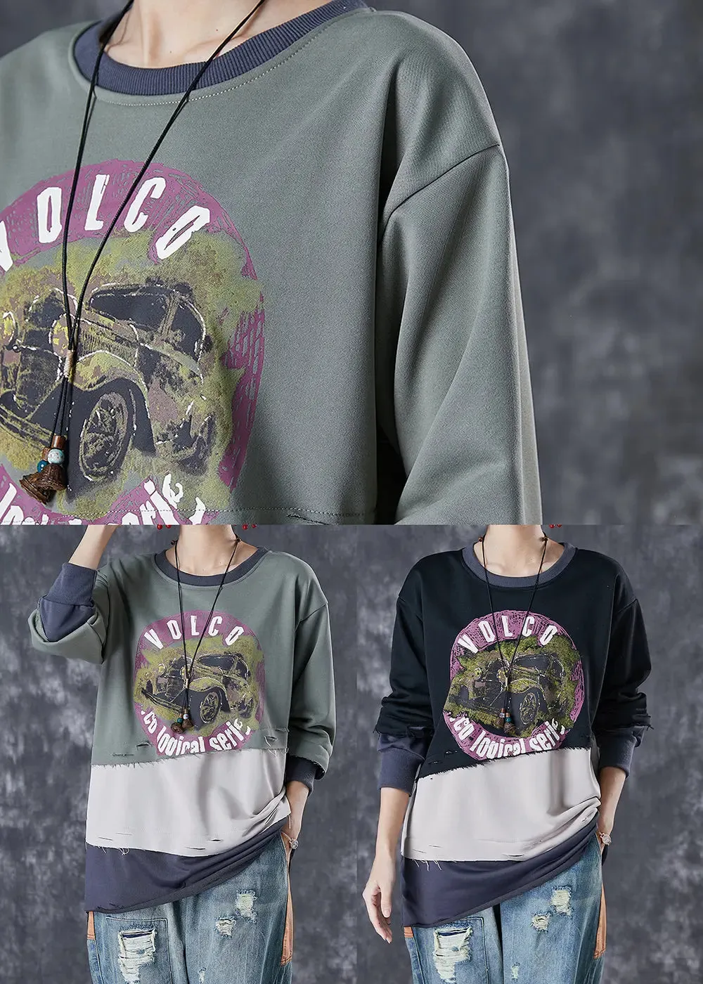 French Green Oversized Patchwork Warm Fleece Pullover Tops Winter ML3053