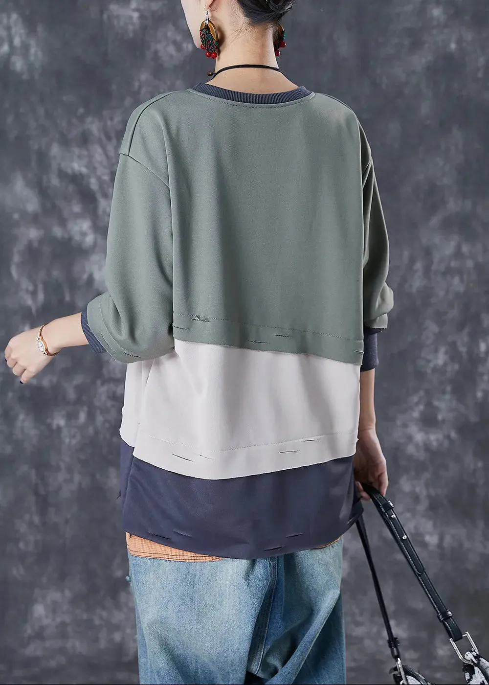 French Green Oversized Patchwork Warm Fleece Pullover Tops Winter ML3053