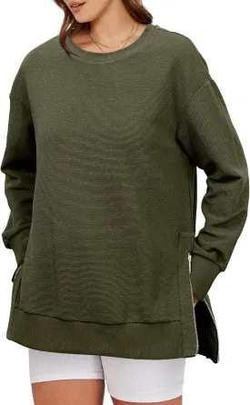 Glamaker Womens Oversized Sweatshirts Crewneck Side Zipper Pollover Long Sleeve Hoodie Sweaters 2024 Fall Clothes