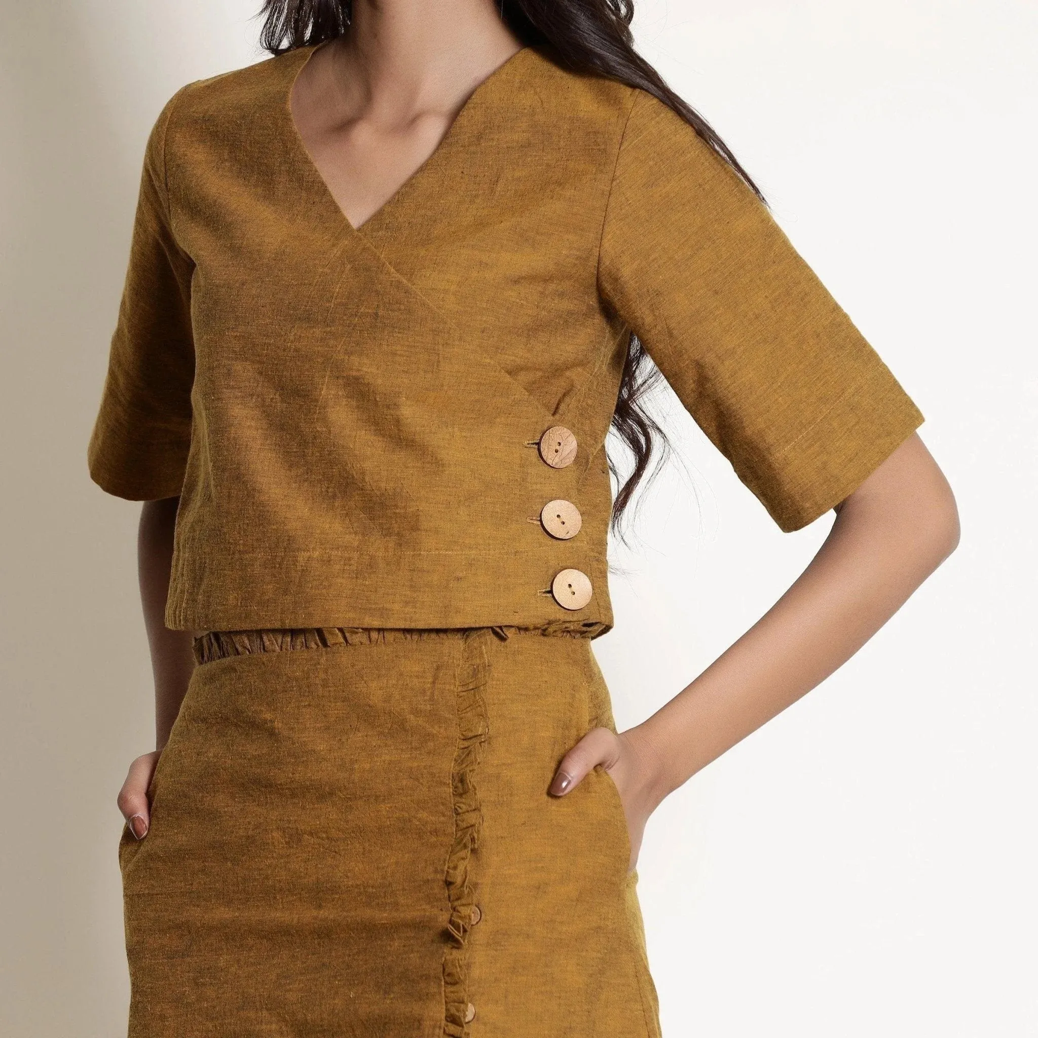 Golden Oak Warm Cotton Surplice Neck Wrap Top