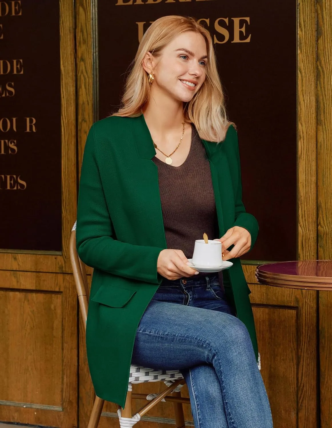 GRACE KARIN Women's 2025 Long Sleeve Knit Cardigan Coat Open Front Notch Collar Sweater Blazer Coatigan Jackets