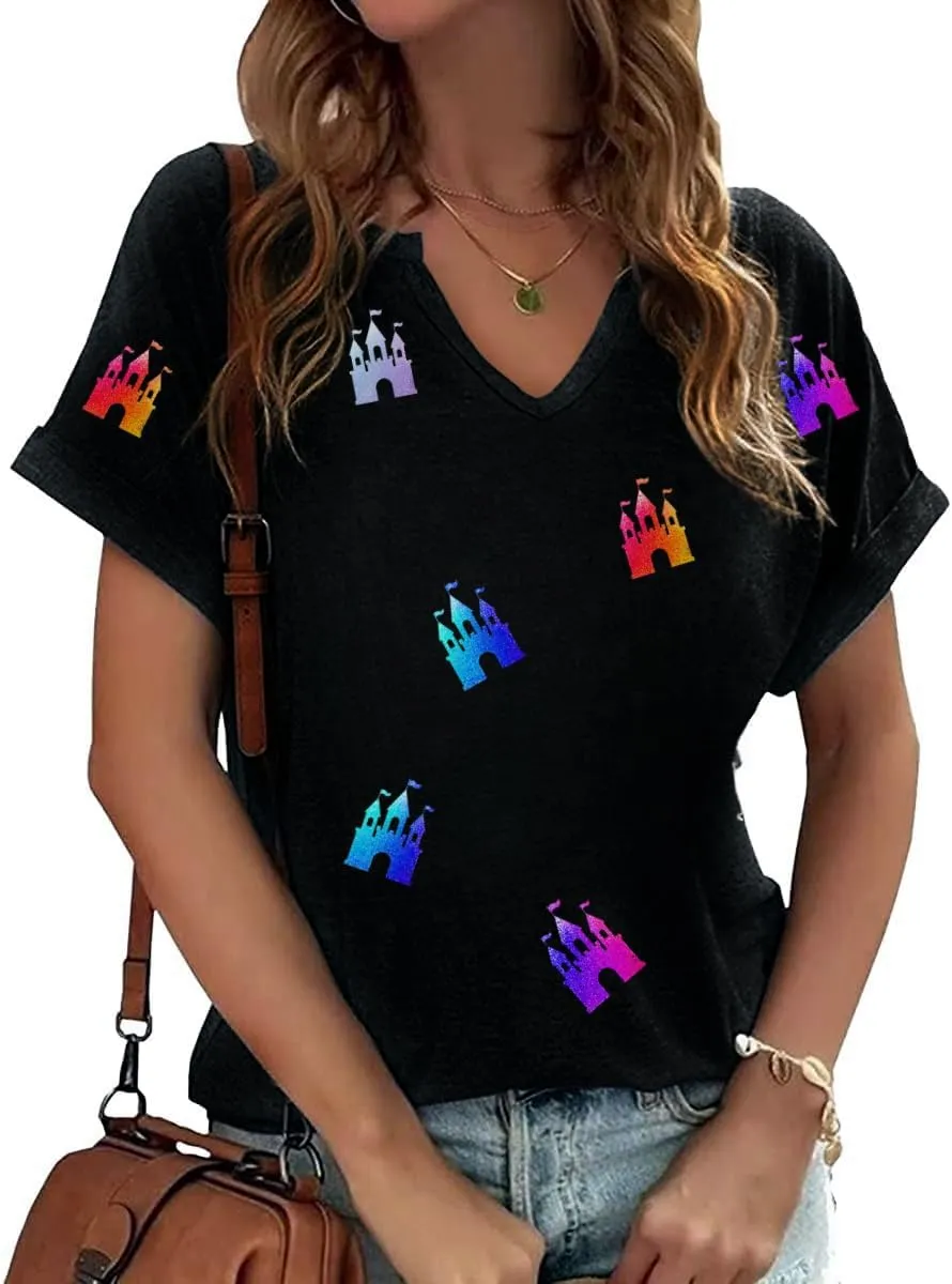 Graphic Tee for Women Vintage Rock Band Shirts Holiday Vacation Magic Kingdom Castle Sleeve Tops