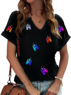 Graphic Tee for Women Vintage Rock Band Shirts Holiday Vacation Magic Kingdom Castle Sleeve Tops