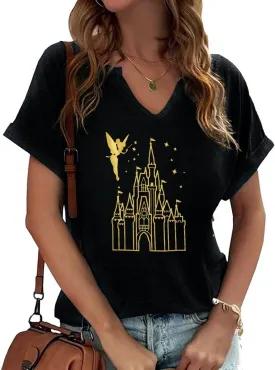 Graphic Tee for Women Vintage Rock Band Shirts Holiday Vacation Magic Kingdom Castle Sleeve Tops