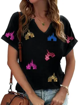 Graphic Tee for Women Vintage Rock Band Shirts Holiday Vacation Magic Kingdom Castle Sleeve Tops