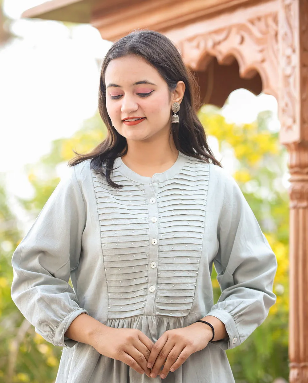 Grey Cotton Tunic Top With Pearl Work (pack of 1)
