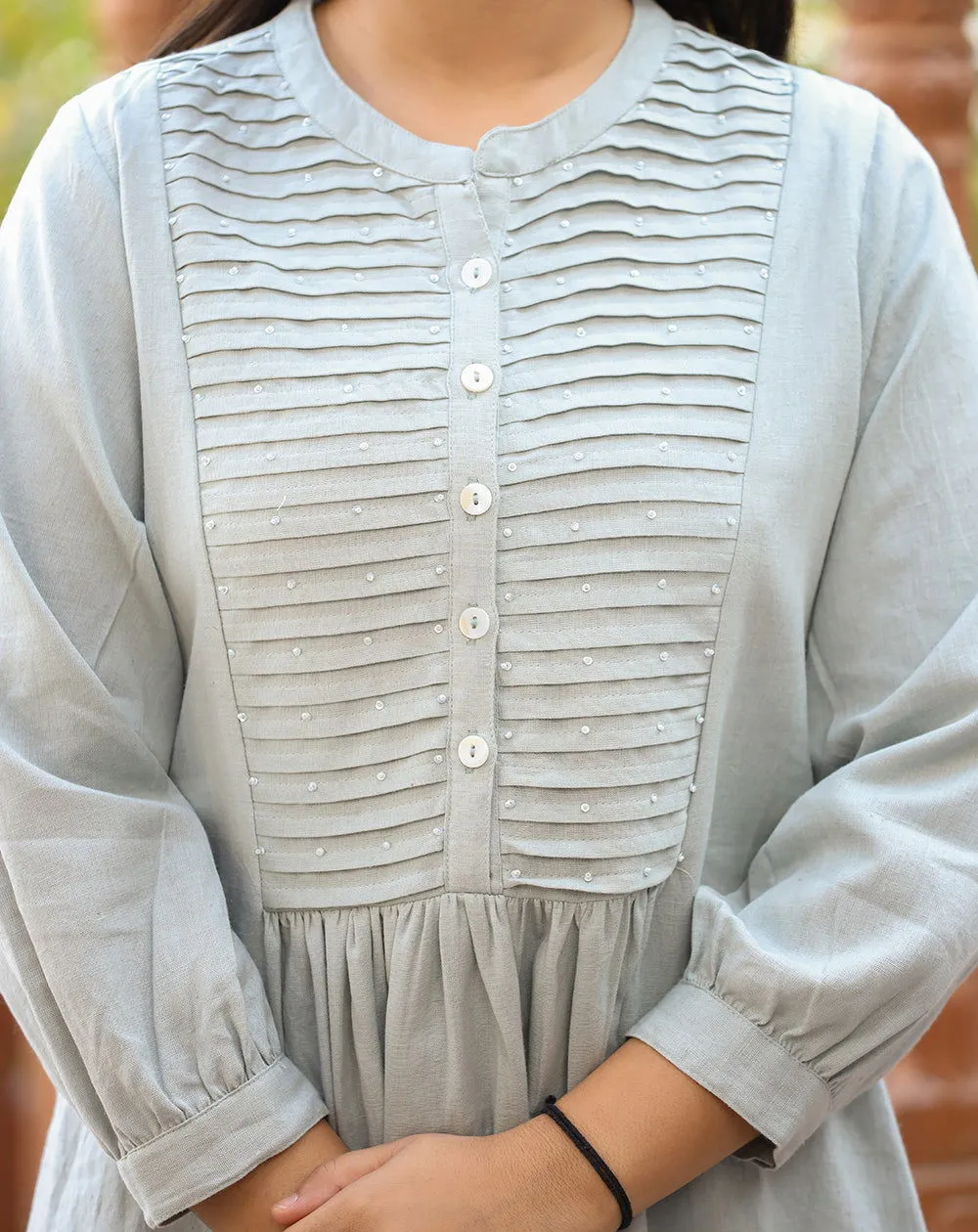 Grey Cotton Tunic Top With Pearl Work (pack of 1)
