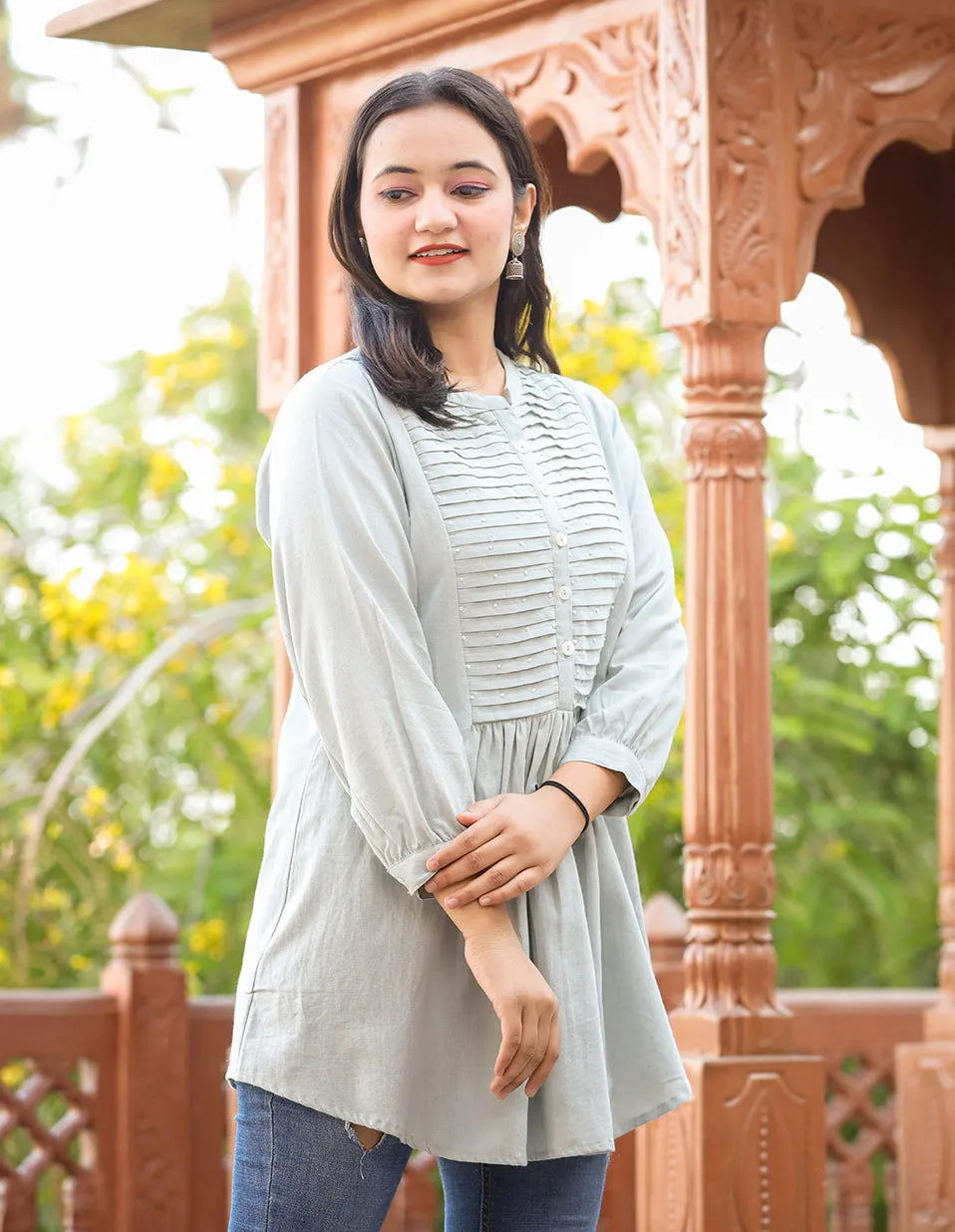 Grey Cotton Tunic Top With Pearl Work (pack of 1)