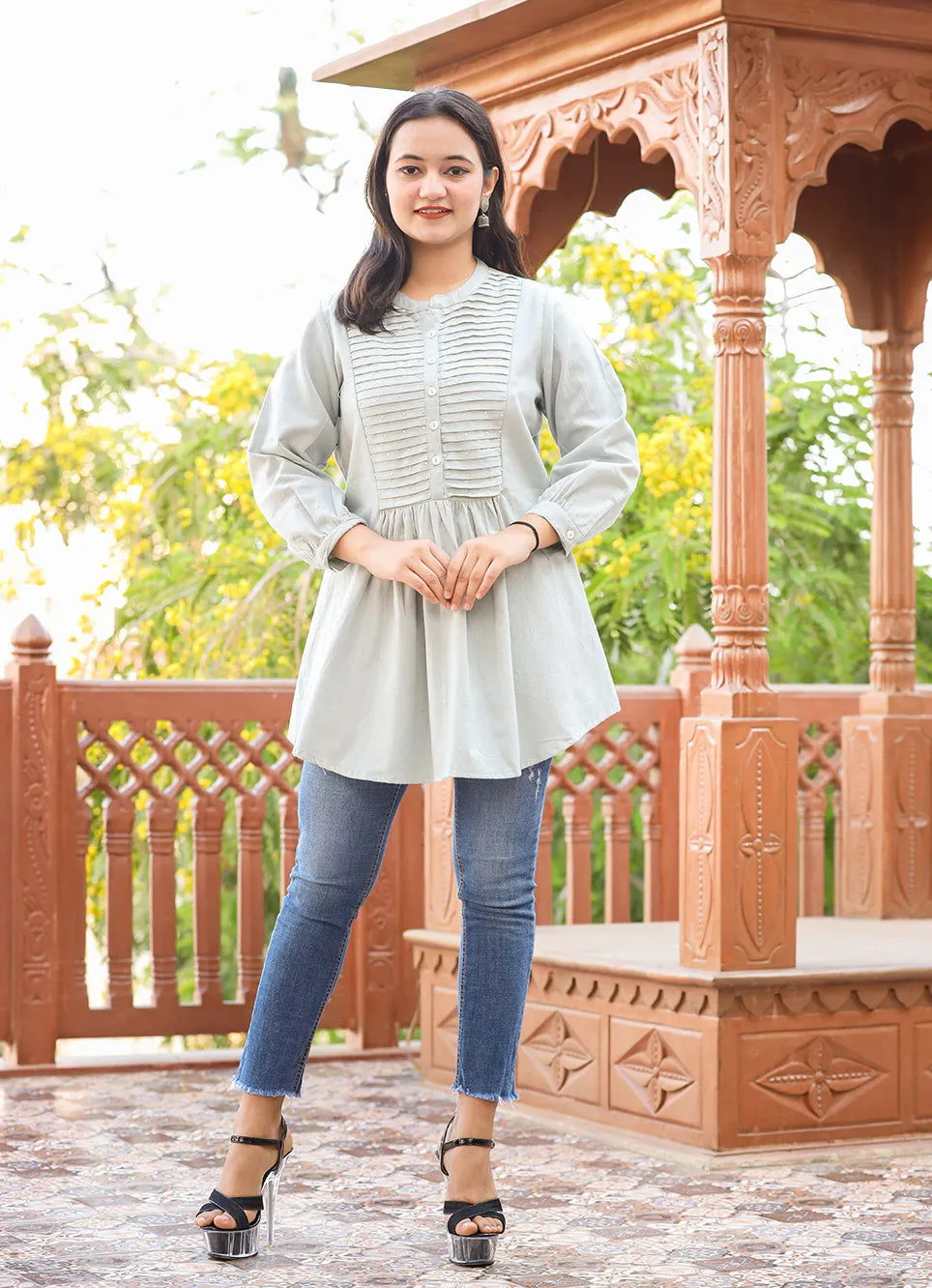 Grey Cotton Tunic Top With Pearl Work (pack of 1)