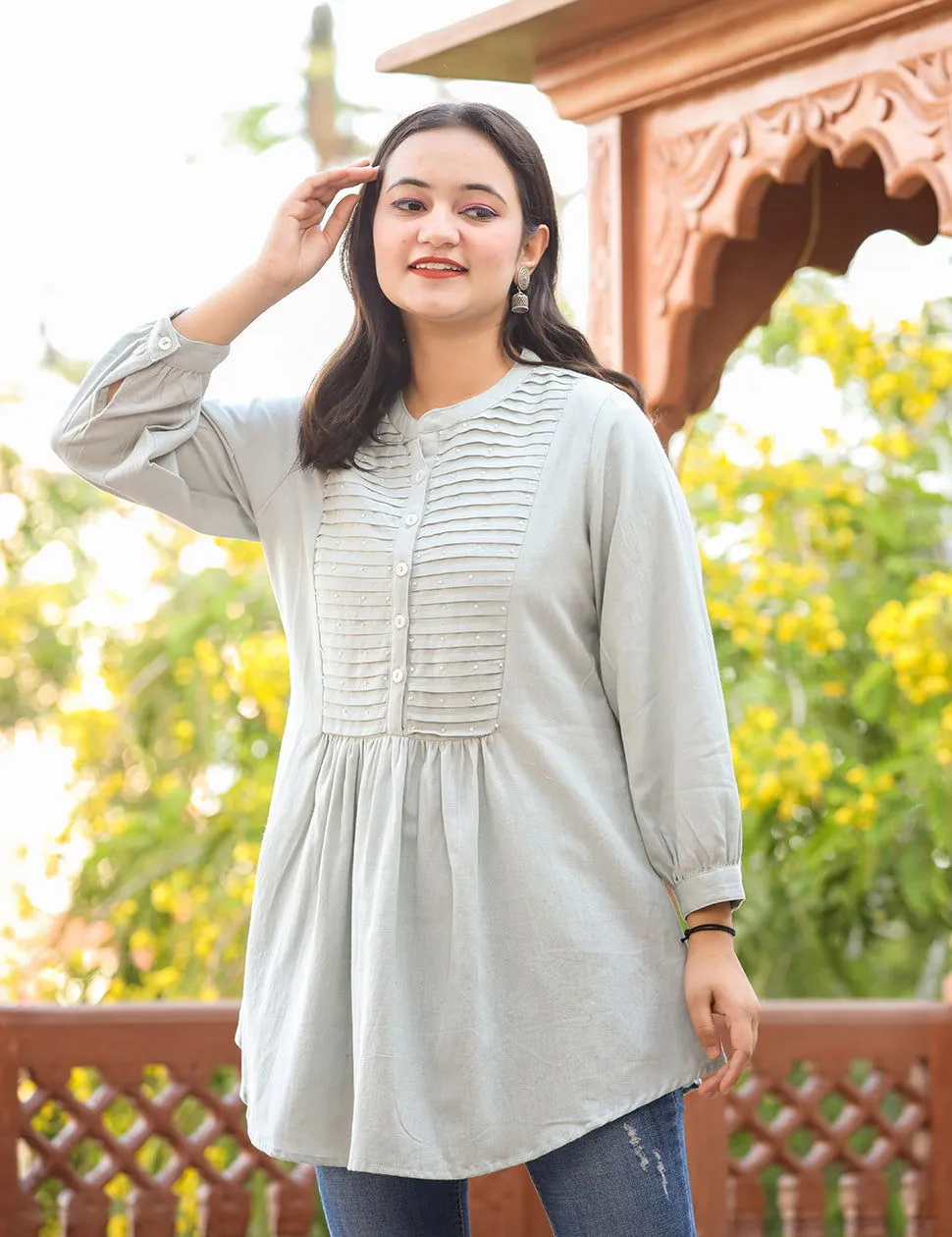 Grey Cotton Tunic Top With Pearl Work (pack of 1)