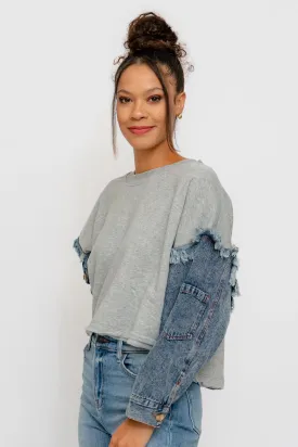 HEATHER GREY WITH MEDIUM DENIM TENCEL CREWNECK