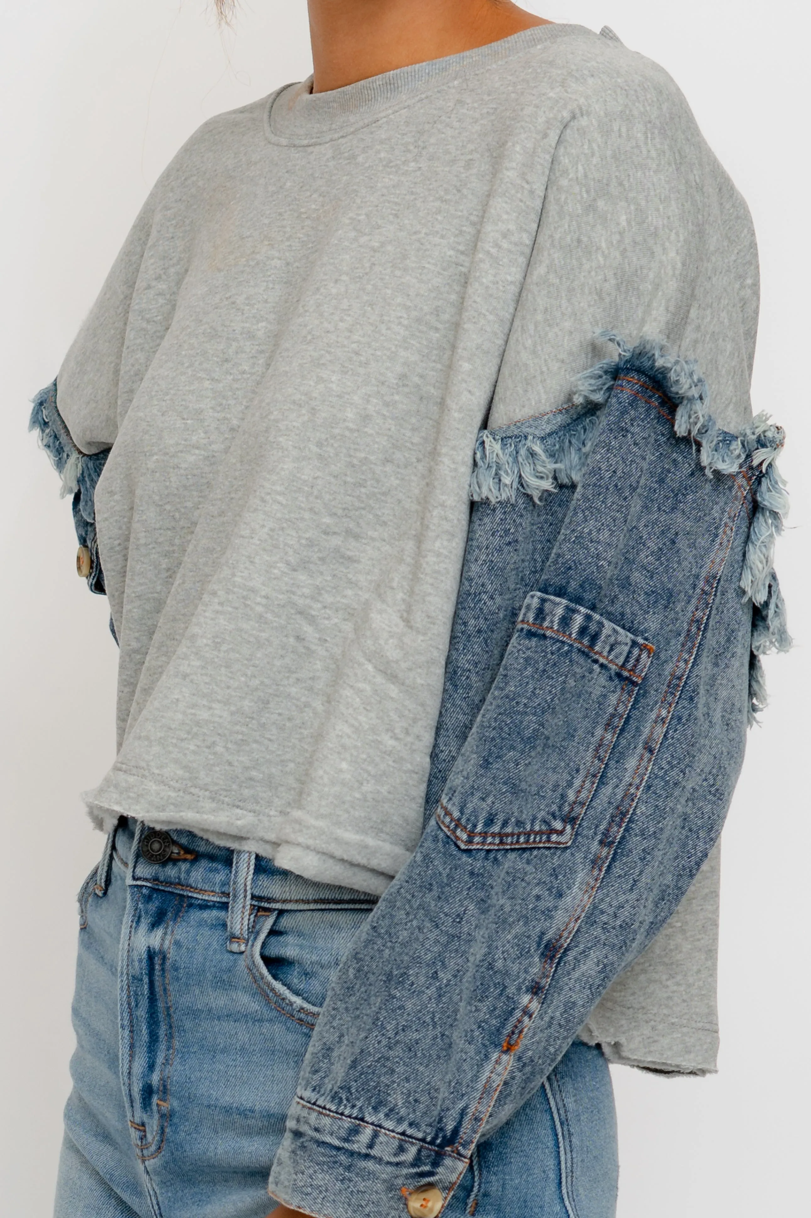 HEATHER GREY WITH MEDIUM DENIM TENCEL CREWNECK