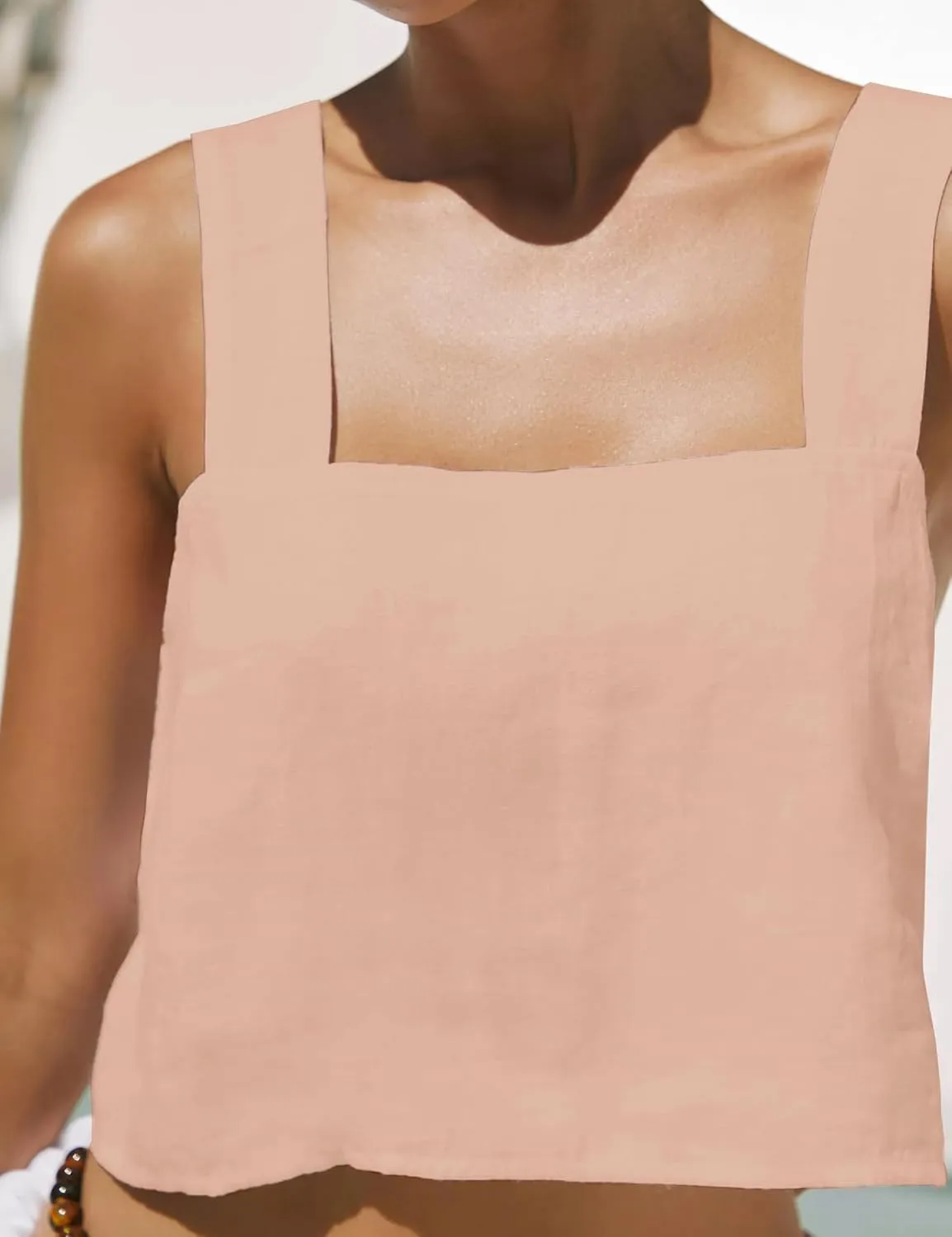 IDEALSANXUN Womens Linen Crop Tank Tops Summer Cute Sleeveless Square Neck Loose Fit Shirts Blouses