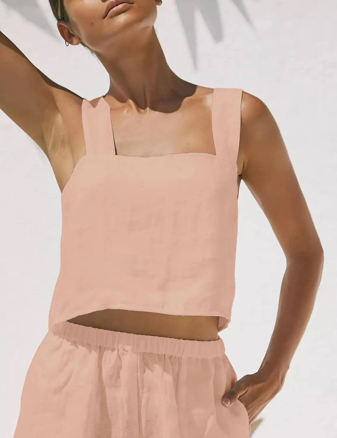 IDEALSANXUN Womens Linen Crop Tank Tops Summer Cute Sleeveless Square Neck Loose Fit Shirts Blouses