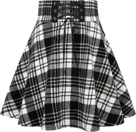 IDEALSANXUN Wool Plaid Mini Gothic Skirts for Womens High Waist Lace Up Short Pleated Skater Skirts