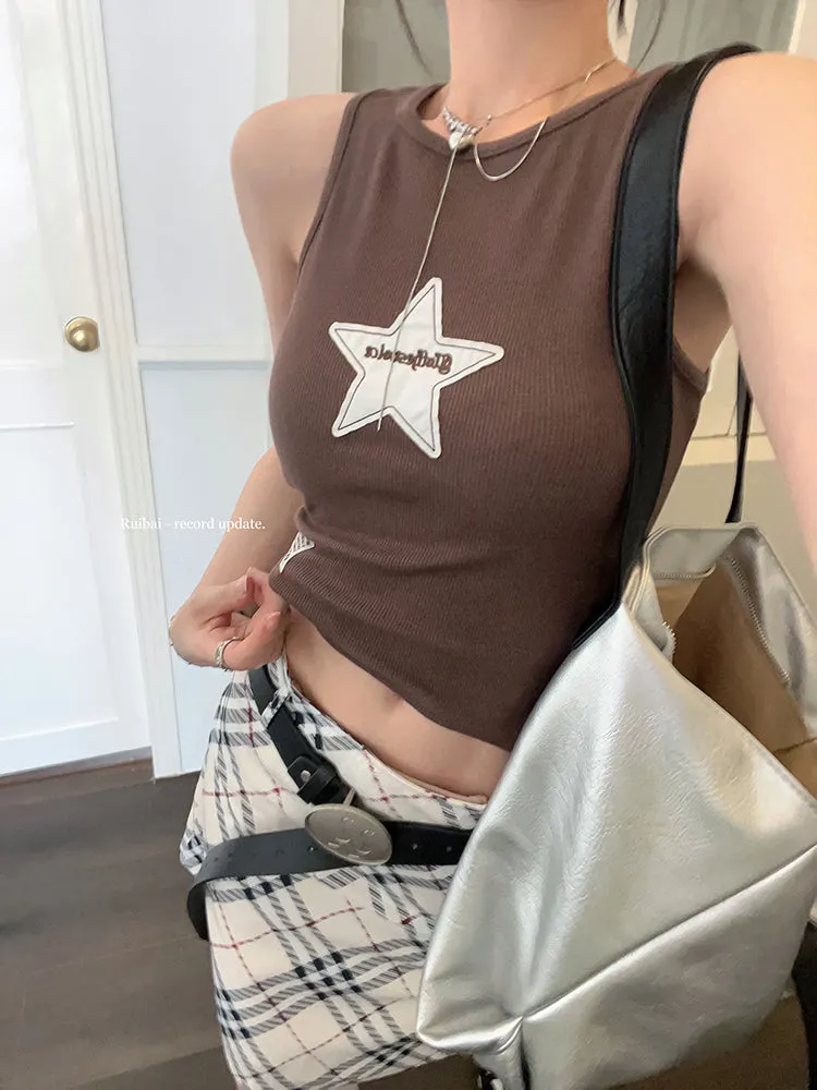JOSKAA Fashion woman tops y2k style tank topStar Patchwork Rib Cropped Tank Top