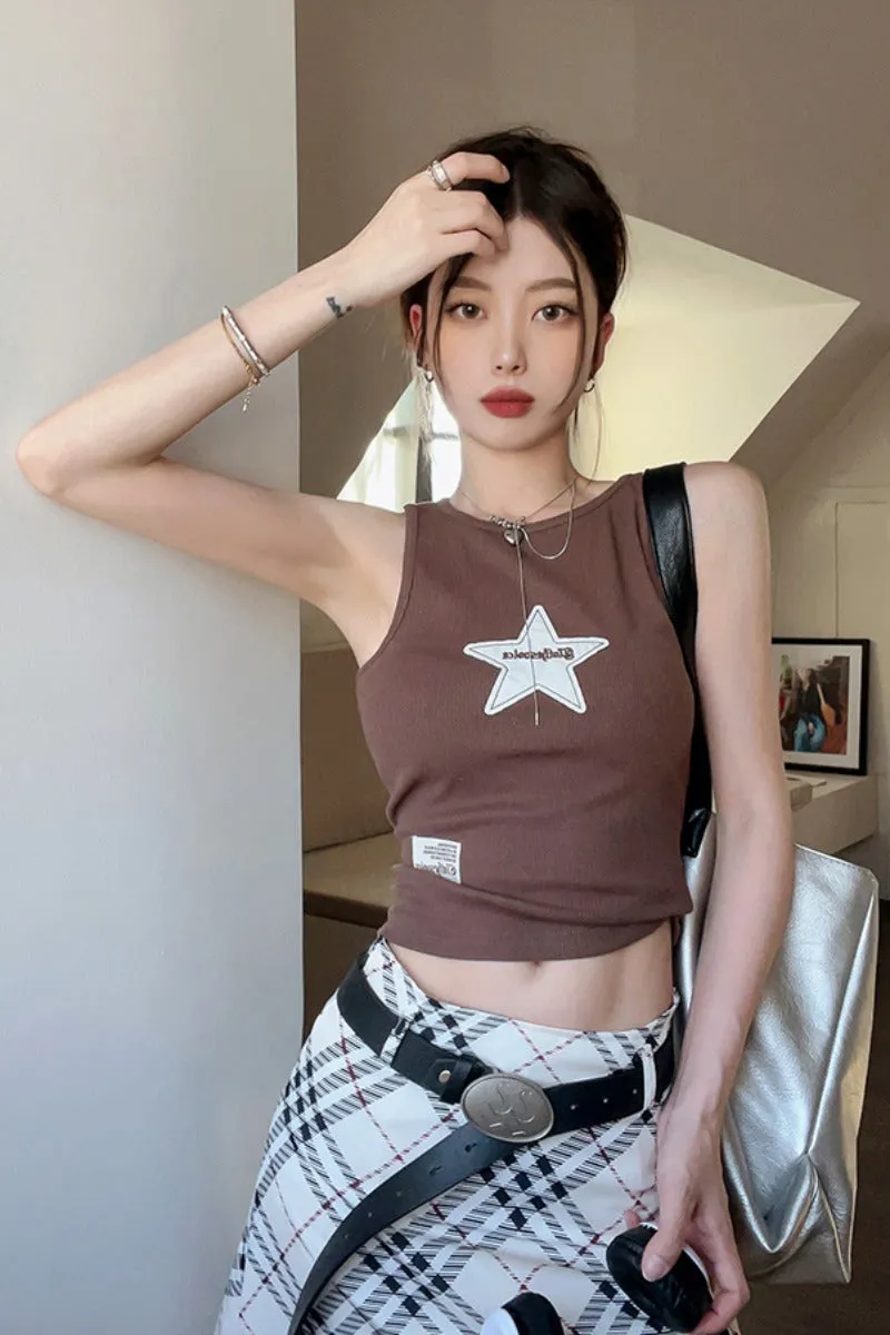 JOSKAA Fashion woman tops y2k style tank topStar Patchwork Rib Cropped Tank Top
