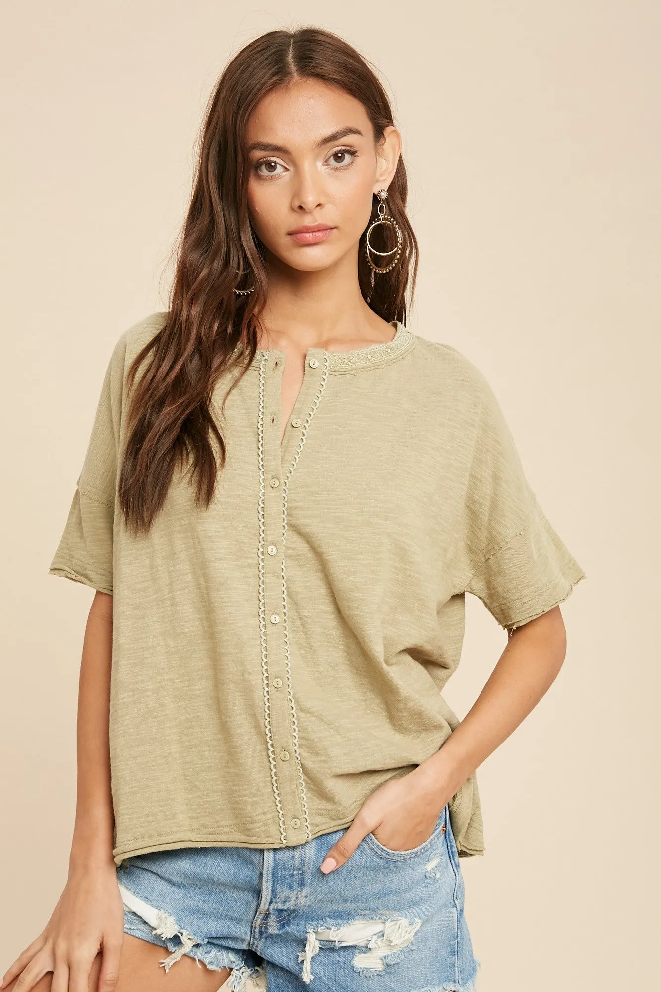 Light Olive Lace Trim Top