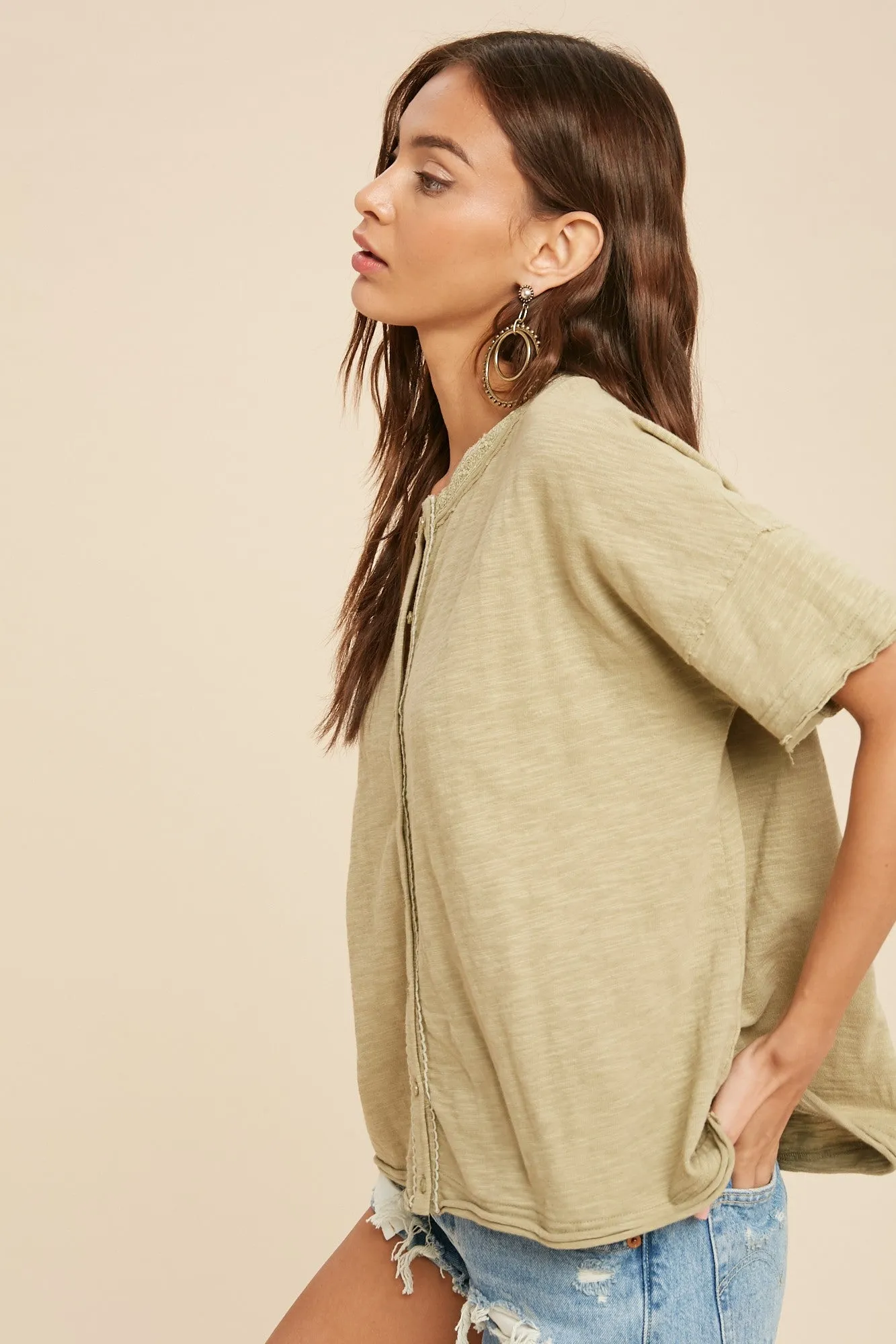 Light Olive Lace Trim Top