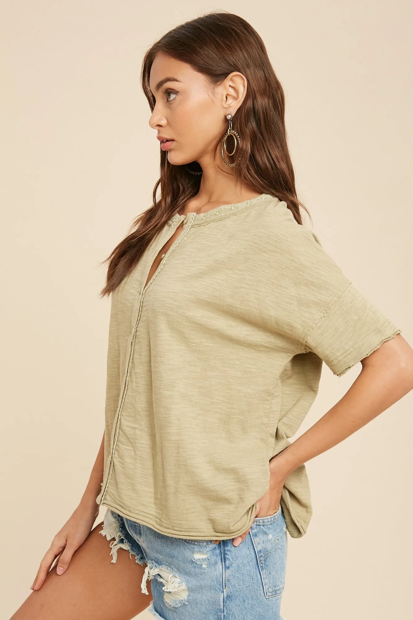 Light Olive Lace Trim Top