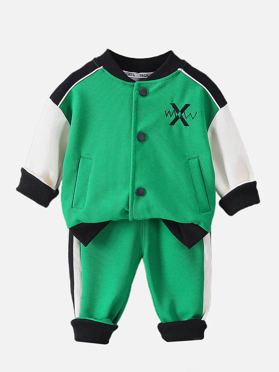 Little Surprise Box, 2 pcs Green Varsity Style Jacket with matching Tracks for Kids