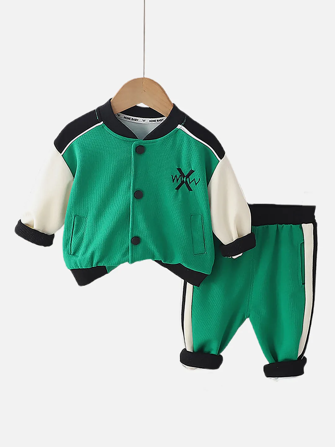 Little Surprise Box, 2 pcs Green Varsity Style Jacket with matching Tracks for Kids