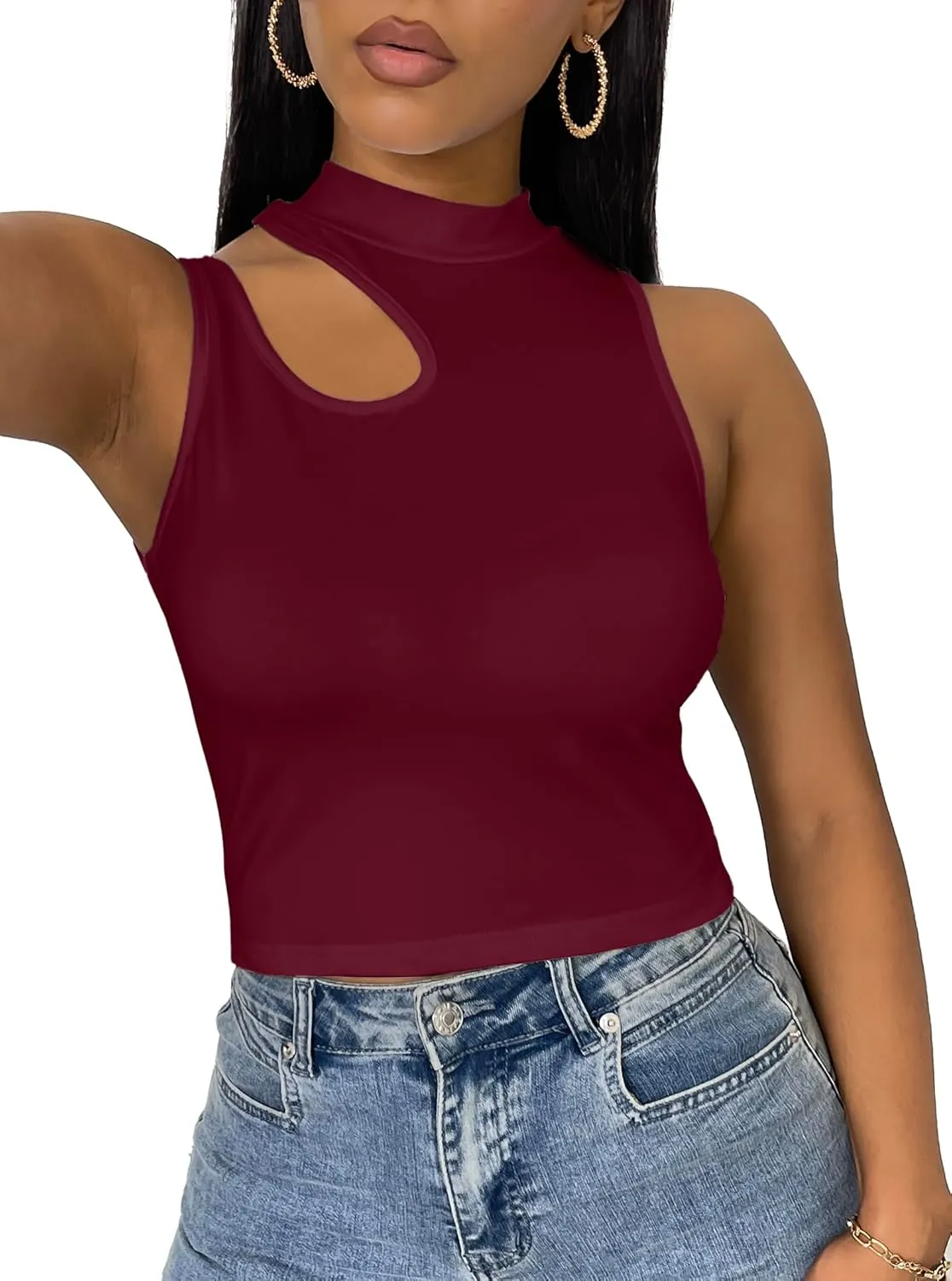 LovelyWholesale Crop Tops for Women Sexy Cut Out Tops Mock Neck Tank Top
