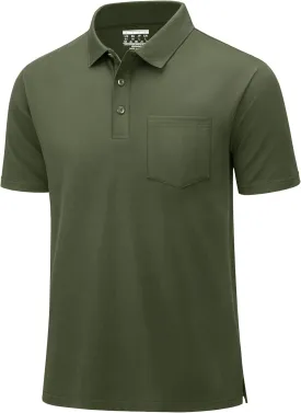 MAGCOMSEN Mens Polo Shirts with Pocket Cotton Pique Short Sleeve Collared Shirt Moisture Wicking Golf Shirts 3-Button Shirts