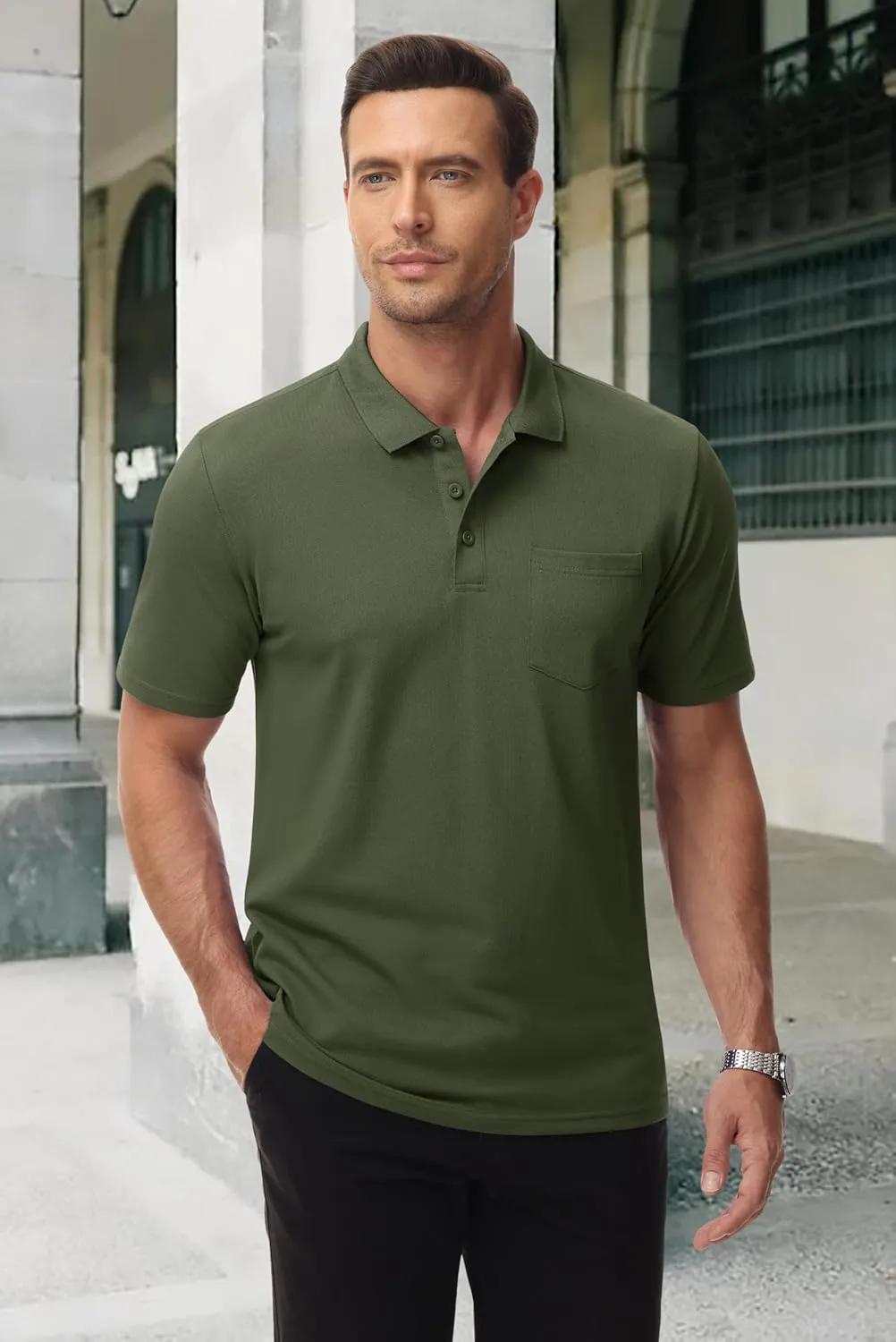 MAGCOMSEN Mens Polo Shirts with Pocket Cotton Pique Short Sleeve Collared Shirt Moisture Wicking Golf Shirts 3-Button Shirts
