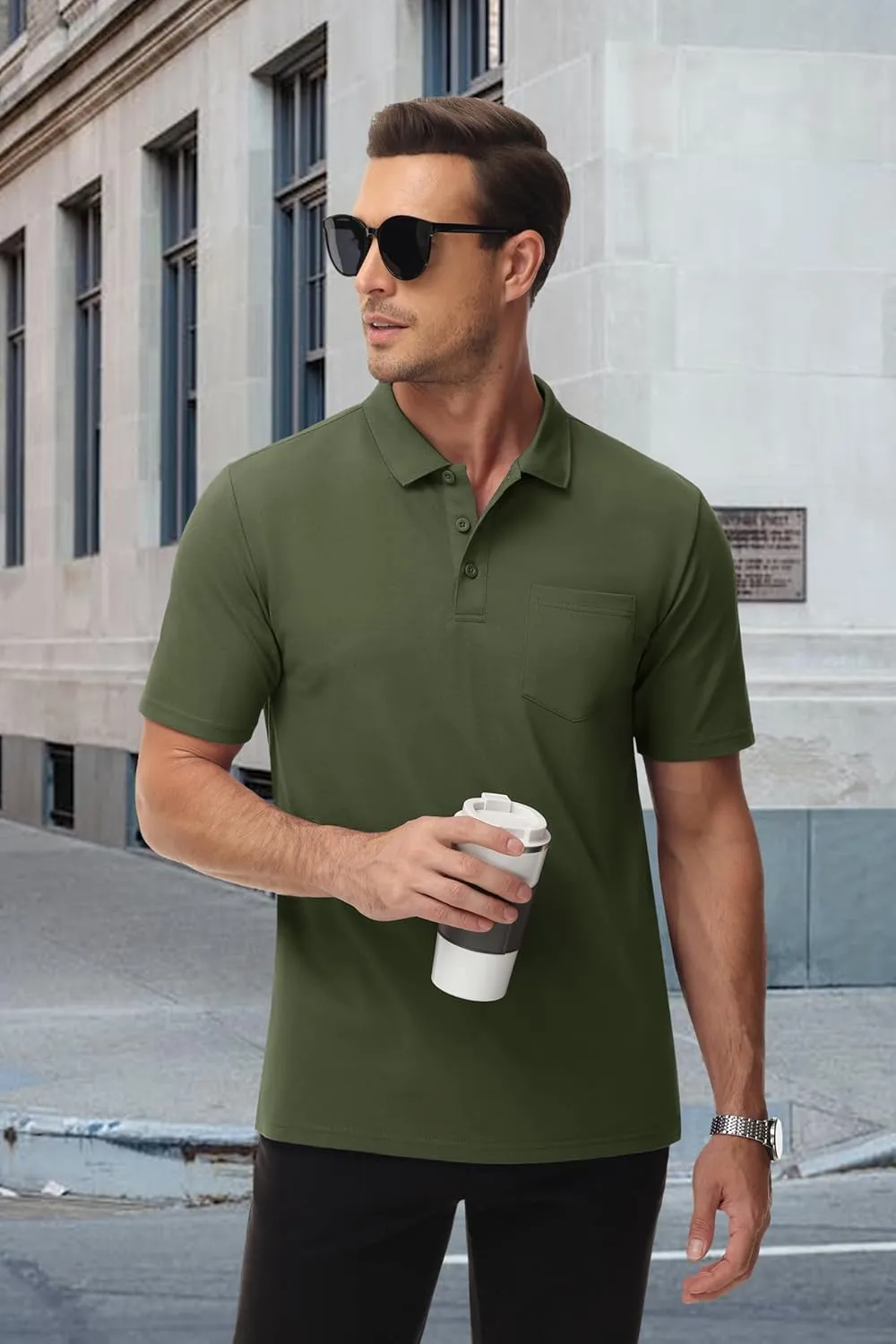 MAGCOMSEN Mens Polo Shirts with Pocket Cotton Pique Short Sleeve Collared Shirt Moisture Wicking Golf Shirts 3-Button Shirts