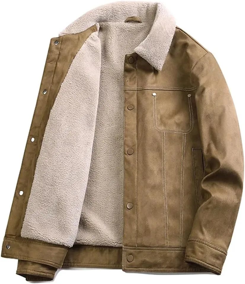 Men Winter Lambswool Warm Leather Jackets Fleece Lined Thick Outwear Thermal Tops