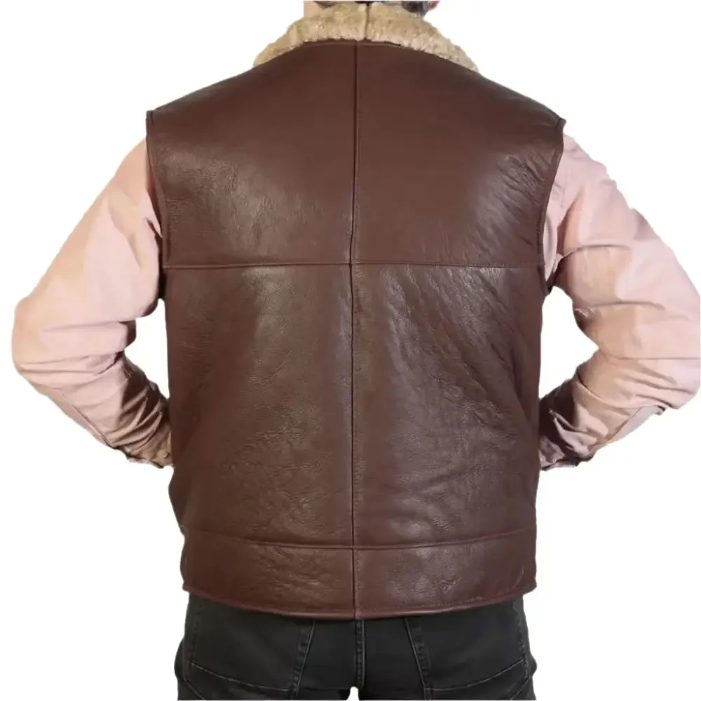 Men's Cognac Leather Sheepskin Gilet - Warm & Stylish Outerwear