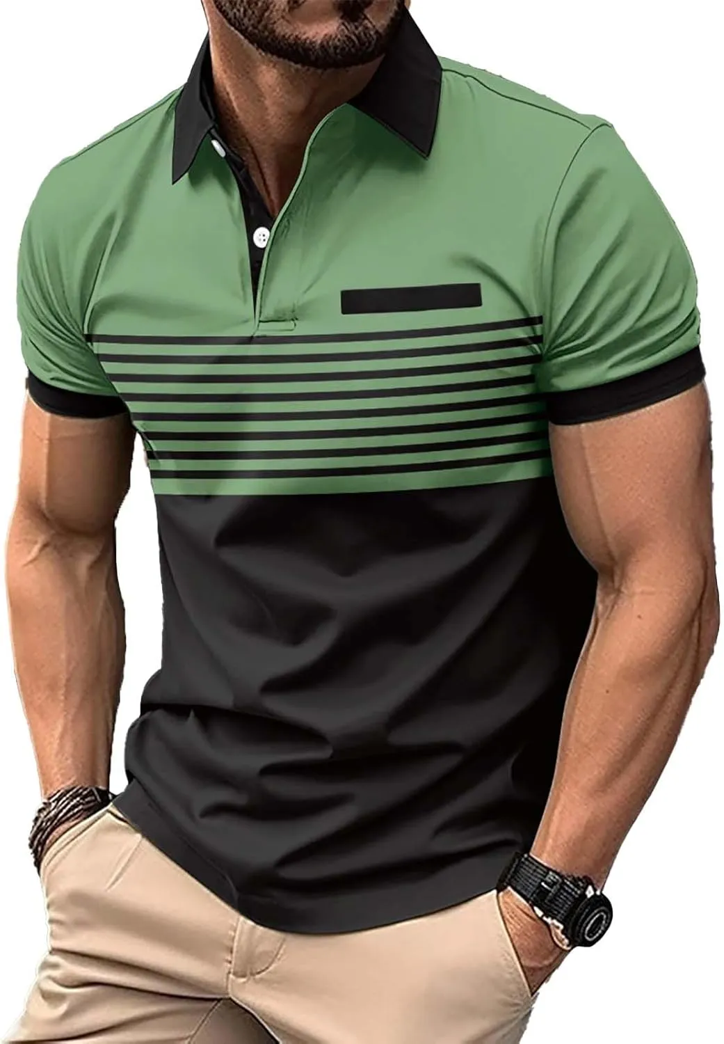 Mens Fashion Color Block Polo Shirts Casual Short Sleeve T Shirt Striped Moisture Wicking Golf Shirts Tops