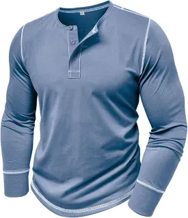 Men's Henley Shirts Cotton Button Down Shirts Long Sleeve Pullover Shirts Casual Stylish Solid Baggy Shirts