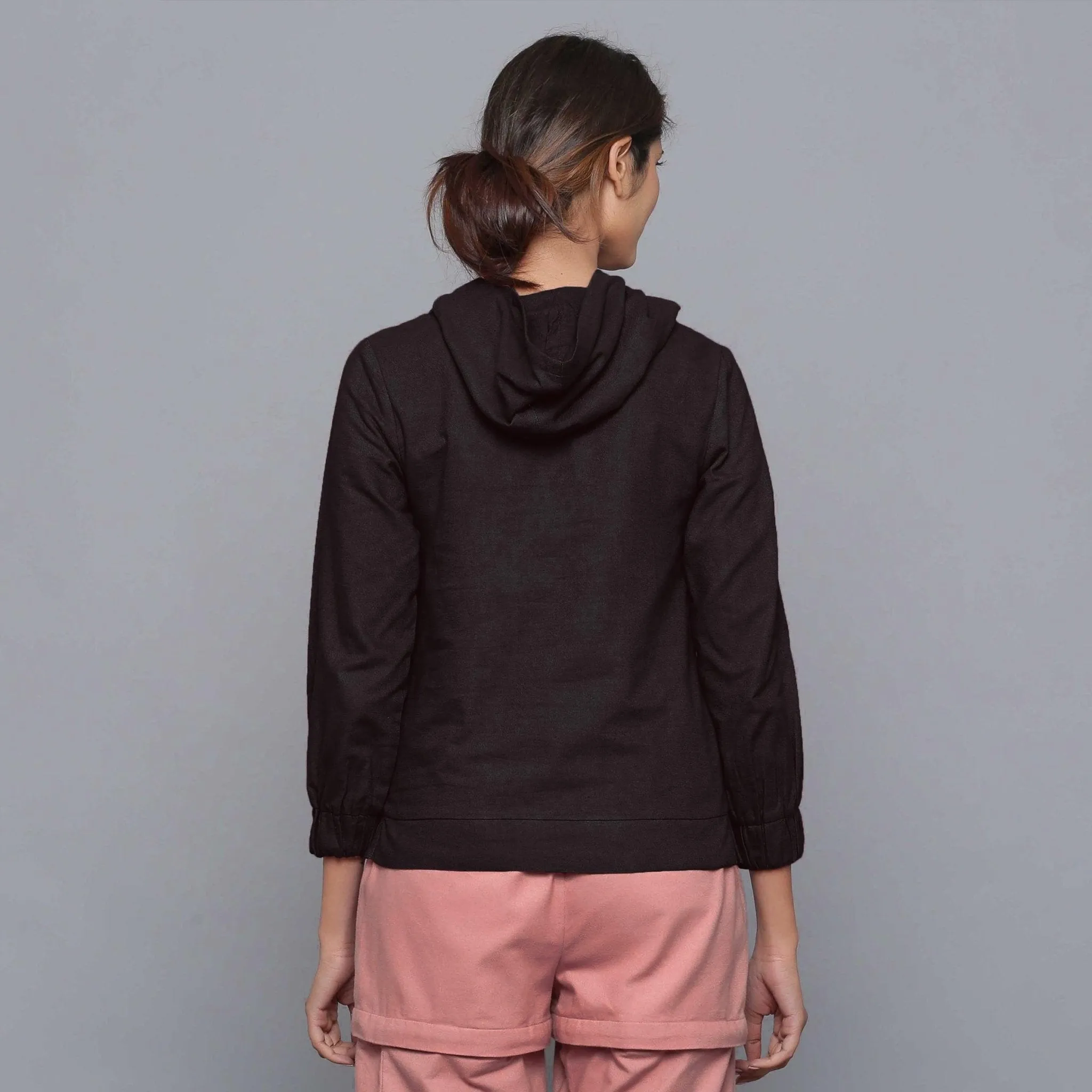 Moonlight Black Warm Cotton Flannel Hoodie Top