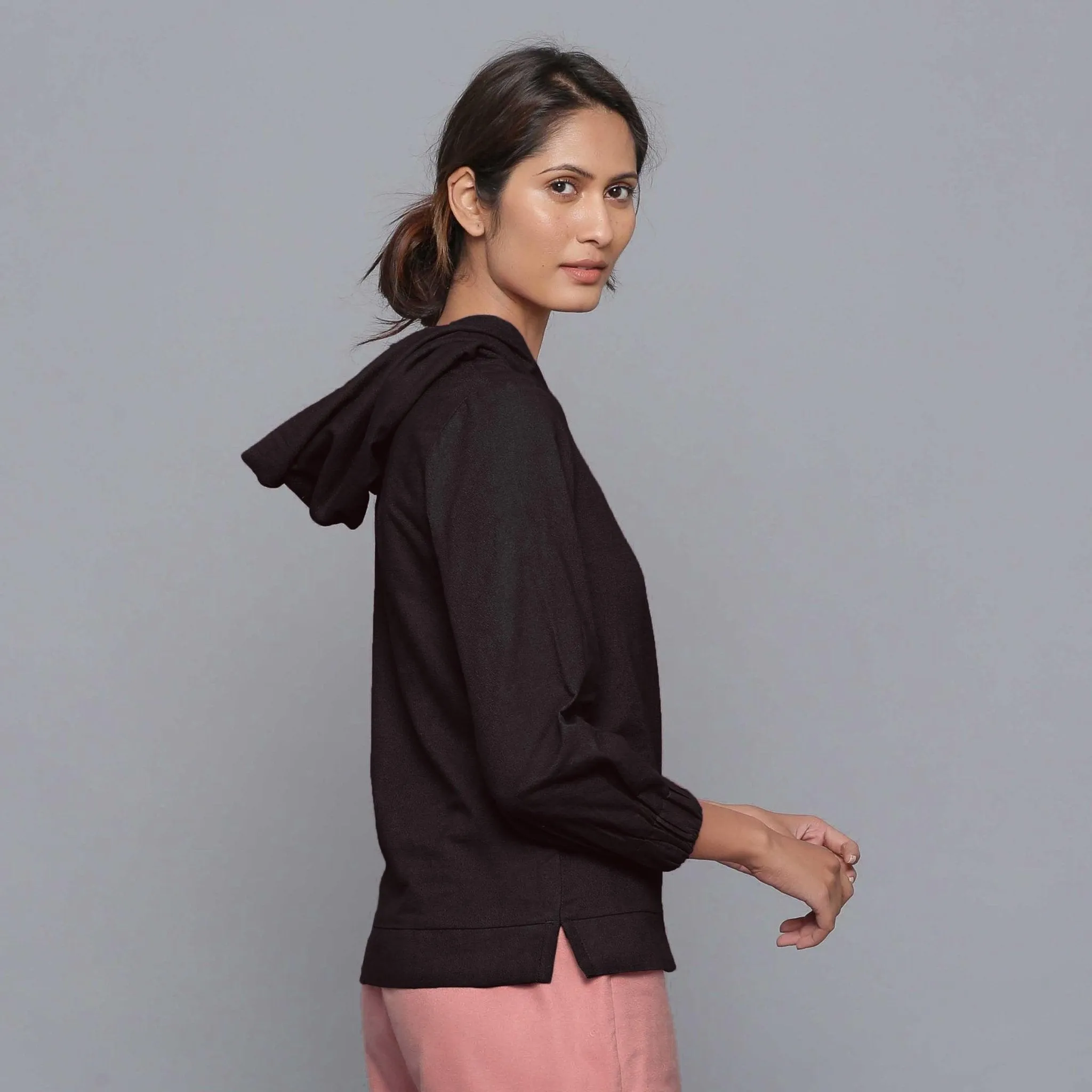 Moonlight Black Warm Cotton Flannel Hoodie Top