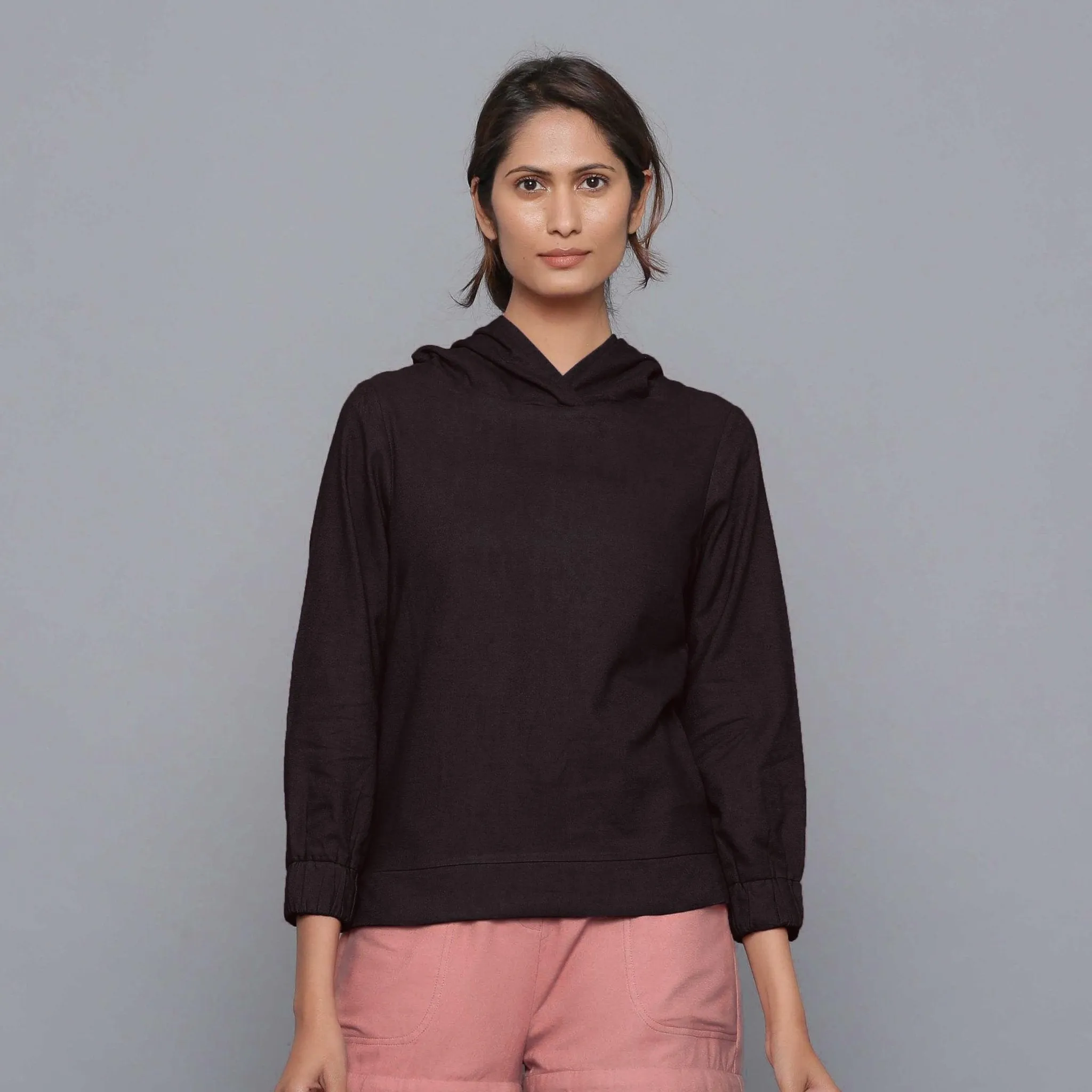 Moonlight Black Warm Cotton Flannel Hoodie Top
