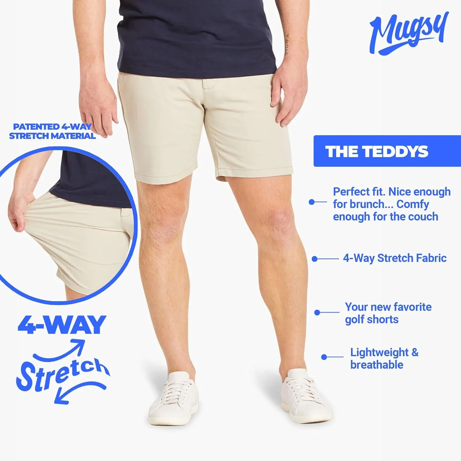 Mugsy Mens Chinos Shorts, 4-Way Stretch Khaki Shorts for Men, Comfortable, Classic Fit, 7" Inseam