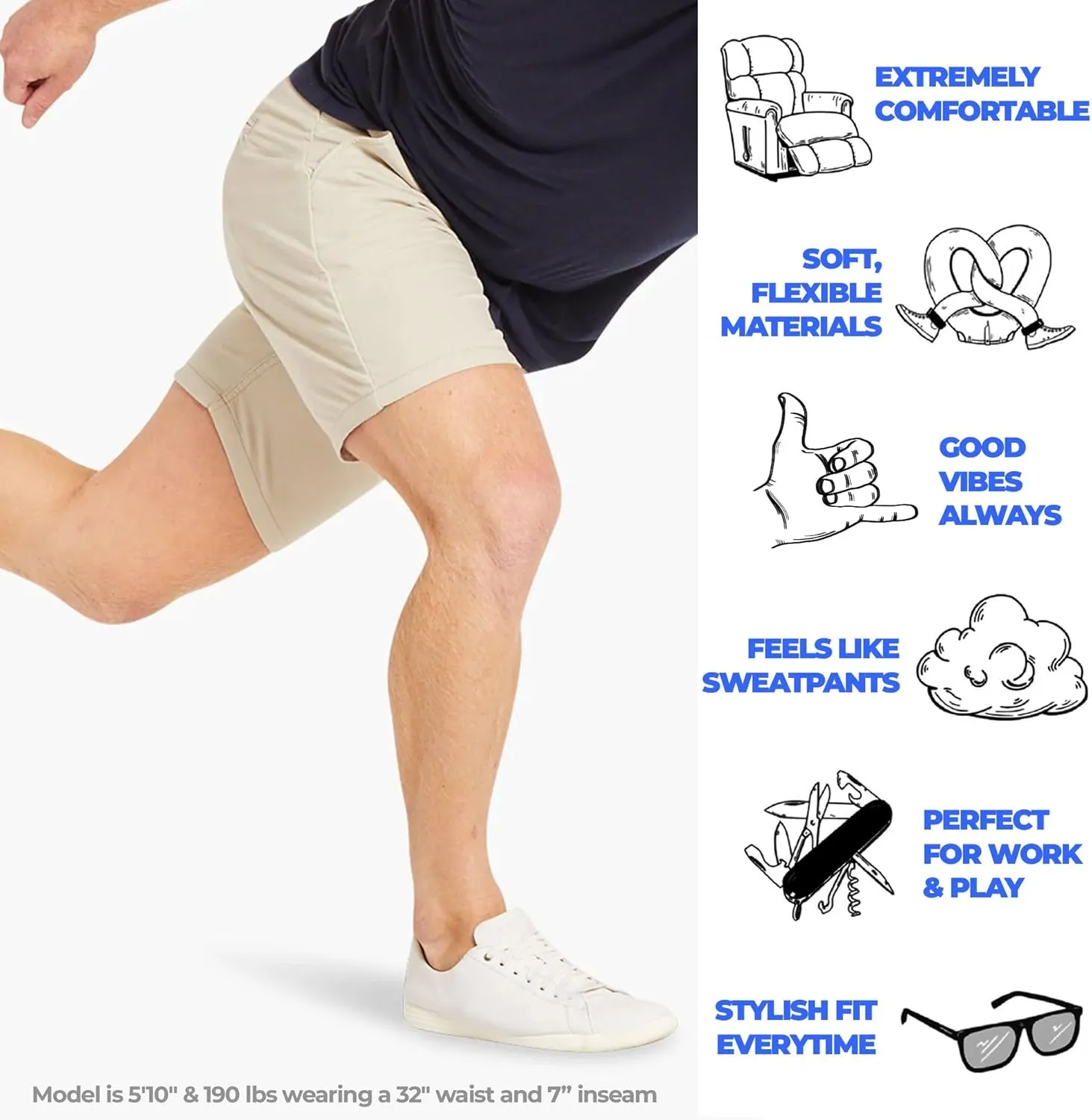 Mugsy Mens Chinos Shorts, 4-Way Stretch Khaki Shorts for Men, Comfortable, Classic Fit, 7" Inseam