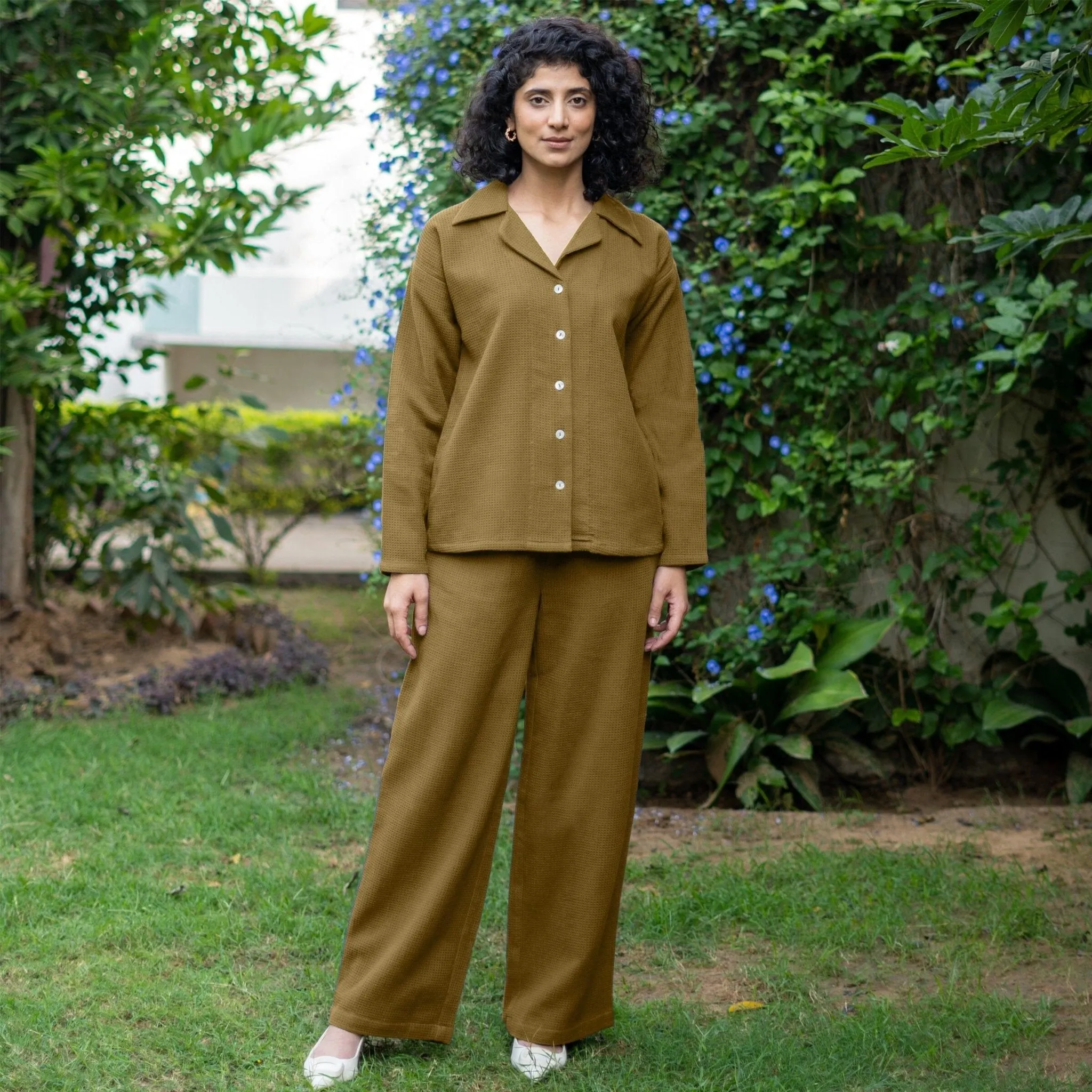 Olive Green Warm Cotton Waffle Comfort Fit Button-Down Shirt