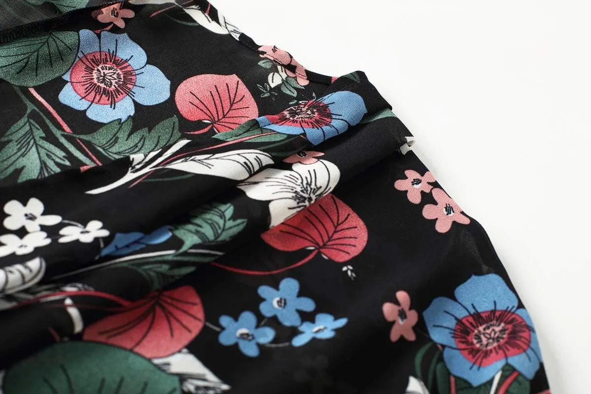 olrain Women's Floral Print Sheer Chiffon 3/4 Bat Sleeve Casual Loose Kimono Cardigan Capes
