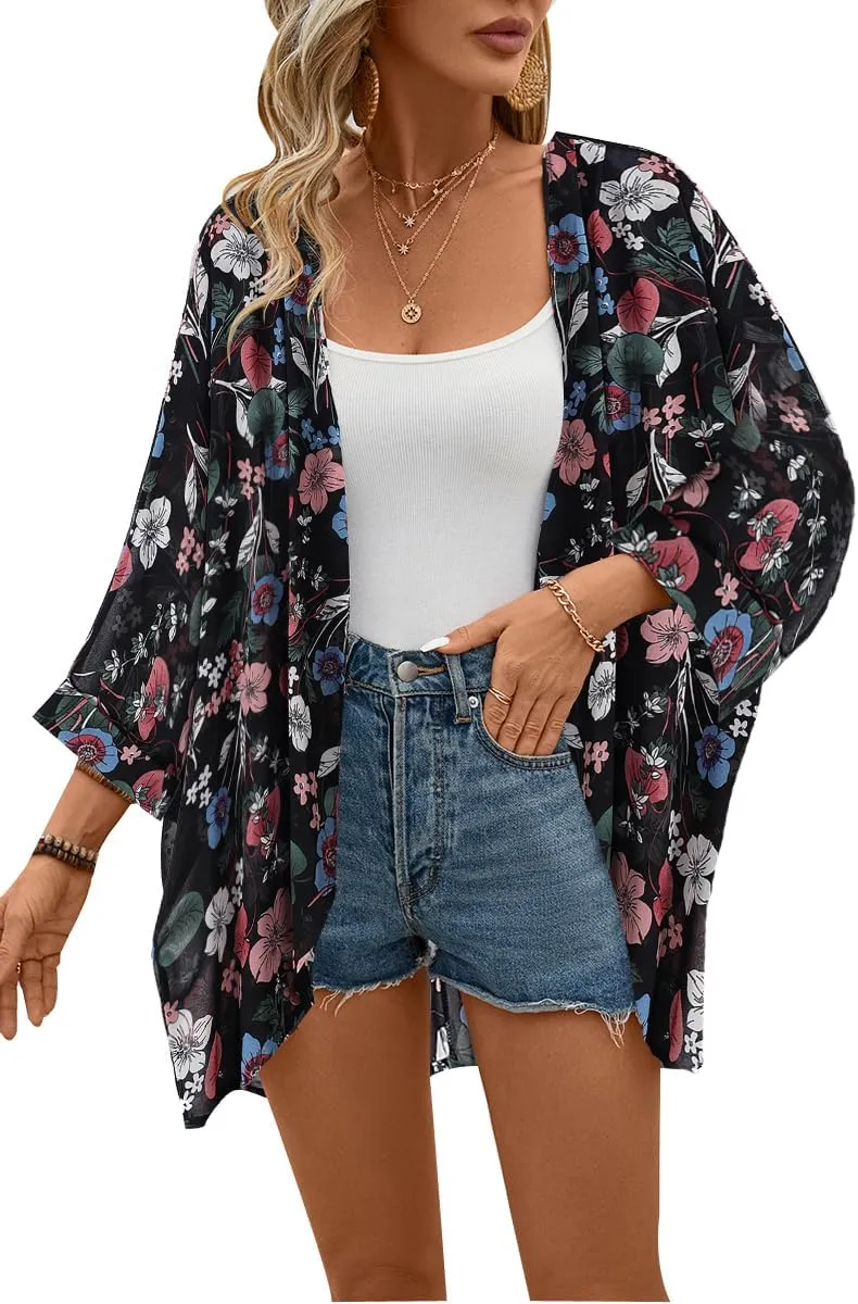 olrain Women's Floral Print Sheer Chiffon 3/4 Bat Sleeve Casual Loose Kimono Cardigan Capes