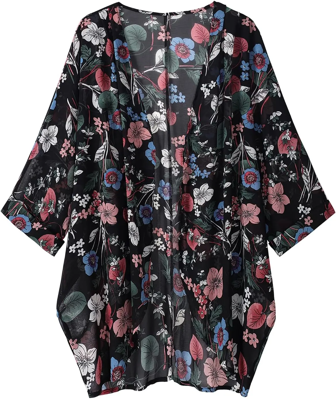 olrain Women's Floral Print Sheer Chiffon 3/4 Bat Sleeve Casual Loose Kimono Cardigan Capes